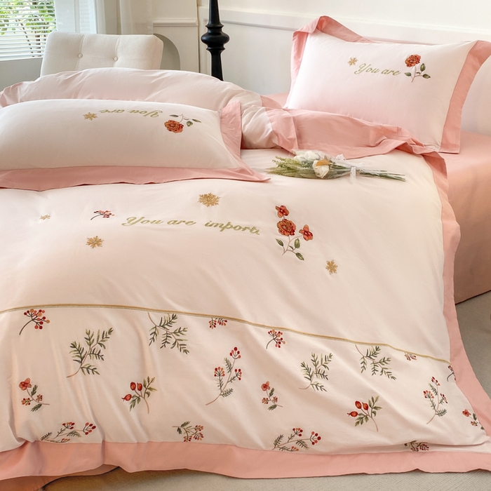 91家纺网 家纺一手货源 找家纺 2025新款小清新全棉纯棉四件套-若溪 杏花粉