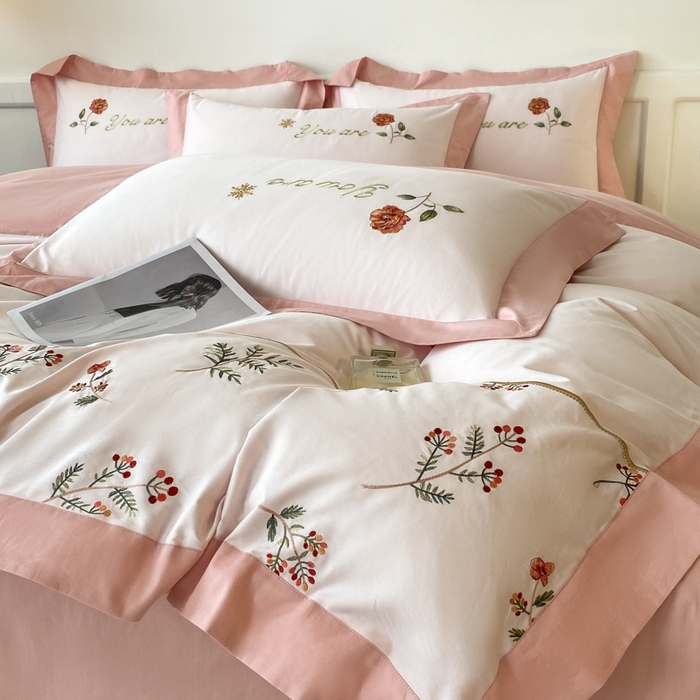 91家纺网 家纺一手货源 找家纺 2025新款小清新全棉纯棉四件套-若溪 杏花粉