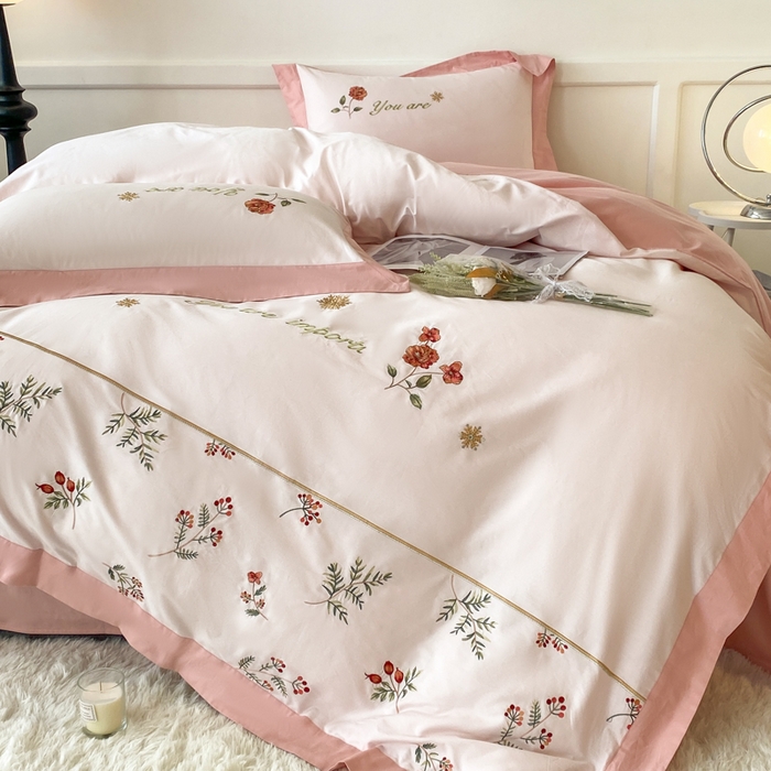 91家纺网 家纺一手货源 找家纺 2025新款小清新全棉纯棉四件套-若溪 杏花粉