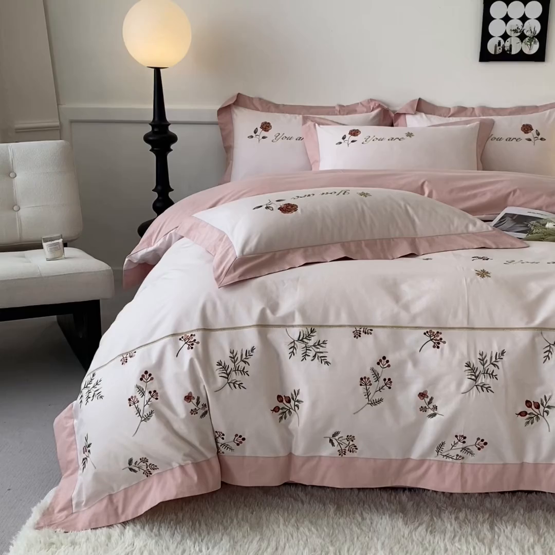 91家纺网 家纺一手货源 找家纺 2025新款小清新全棉纯棉四件套-若溪 杏花粉