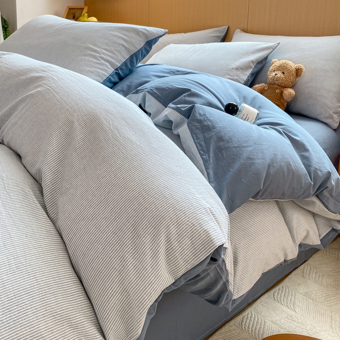 恋人优选 2025新款条纹全棉纯棉水洗系列单被套 被套单件 流年雾蓝
