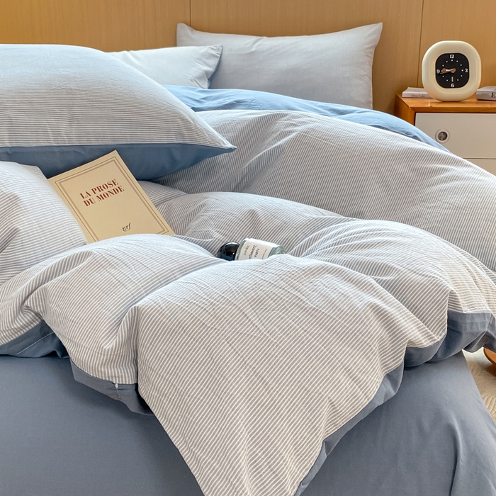 91家纺网 家纺一手货源 找家纺 恋人优选 2025新款条纹全棉纯棉水洗系列单被套 被套单件 流年雾蓝