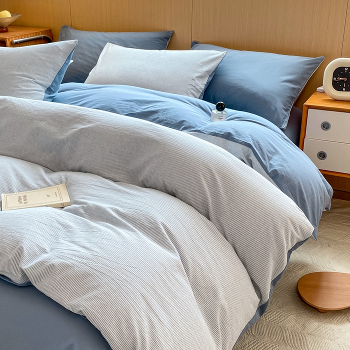 91家纺网 家纺一手货源 找家纺 恋人优选 2025新款条纹全棉纯棉水洗系列单被套 被套单件 流年雾蓝