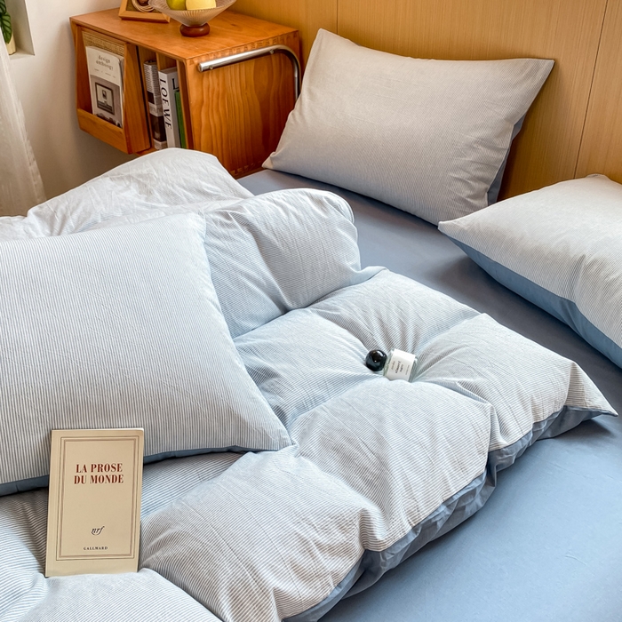 91家纺网 家纺一手货源 找家纺 恋人优选 2025新款条纹全棉纯棉水洗系列单被套 被套单件 流年雾蓝