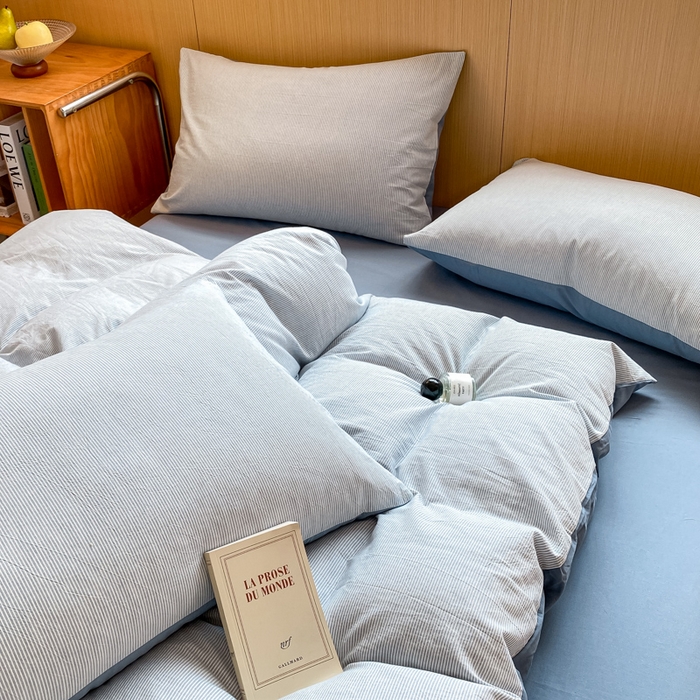 91家纺网 家纺一手货源 找家纺 恋人优选 2025新款条纹全棉纯棉水洗系列单被套 被套单件 流年雾蓝