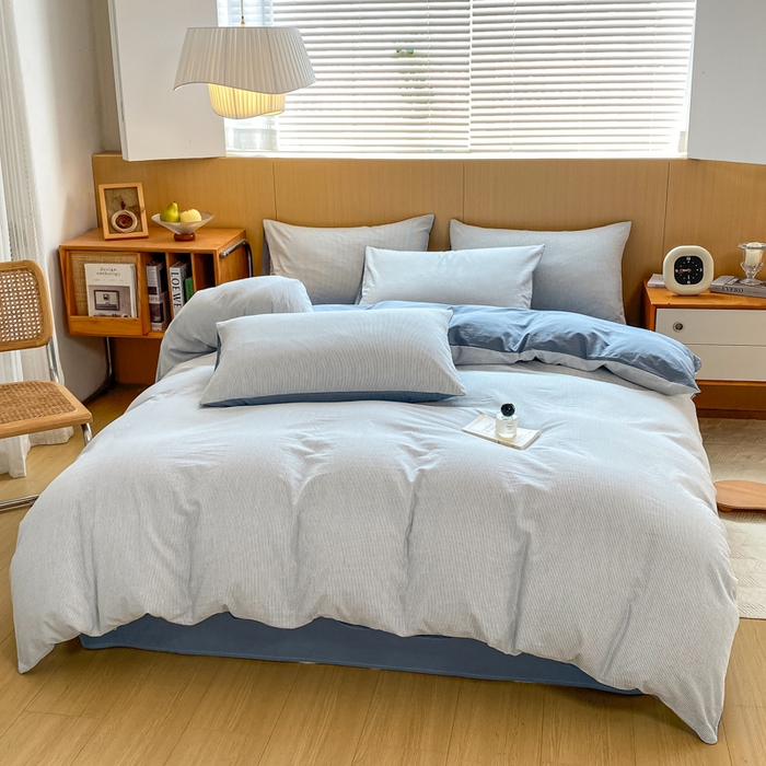91家纺网 家纺一手货源 找家纺 恋人优选 2025新款条纹全棉纯棉水洗系列单被套 被套单件 流年雾蓝