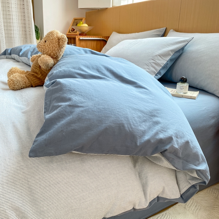 91家纺网 家纺一手货源 找家纺 恋人优选 2025新款条纹全棉纯棉水洗系列单被套 被套单件 流年雾蓝