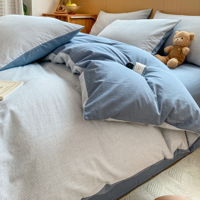 91家纺网 家纺一手货源 找家纺 恋人优选 2025新款条纹全棉纯棉水洗系列单被套 被套单件 流年雾蓝
