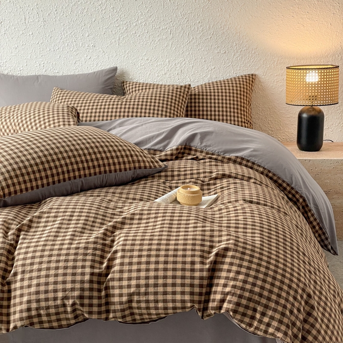 91家纺网 家纺一手货源 找家纺 恋人优选 2025新款条纹全棉纯棉水洗系列单被套 被套单件 素格-咖