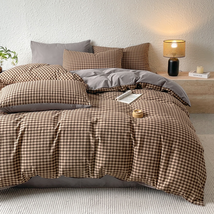 91家纺网 家纺一手货源 找家纺 恋人优选 2025新款条纹全棉纯棉水洗系列单被套 被套单件 素格-咖