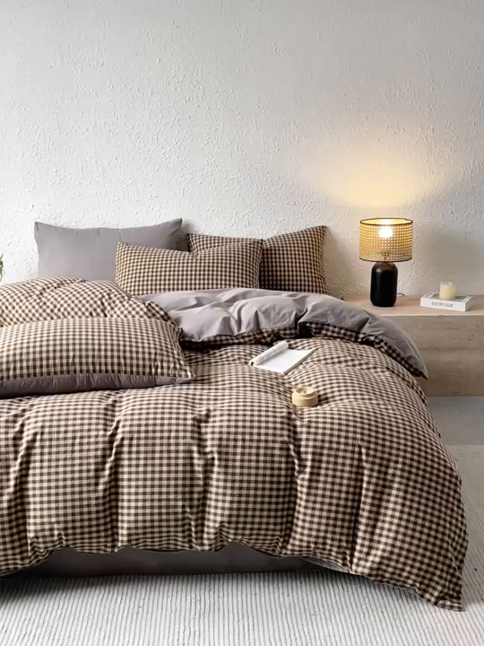 91家纺网 家纺一手货源 找家纺 恋人优选 2025新款条纹全棉纯棉水洗系列单被套 被套单件 素格-咖