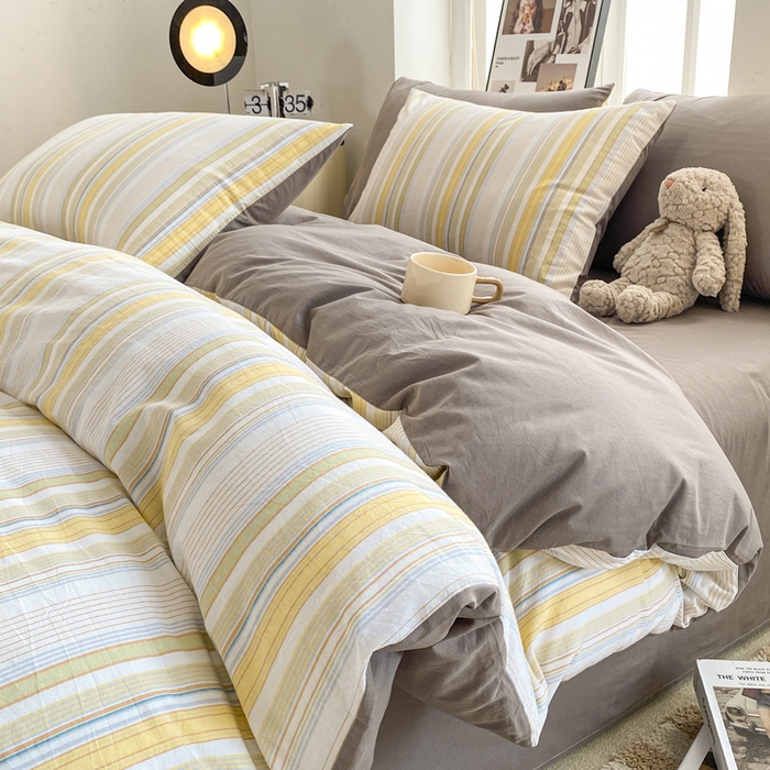 91家纺网 家纺一手货源 找家纺 恋人优选 2025新款条纹全棉纯棉水洗系列四件套 西蒙-黄