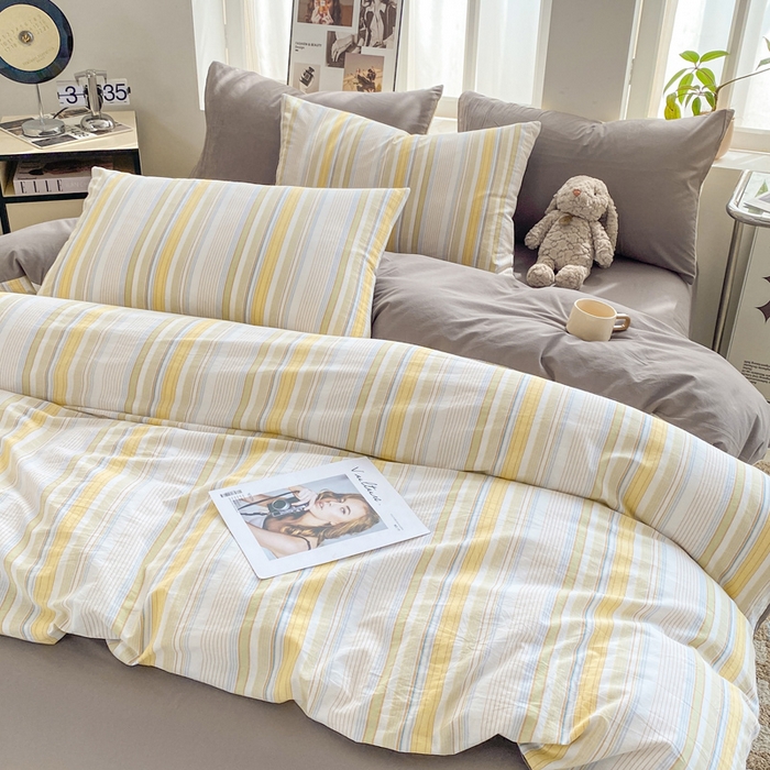 91家纺网 家纺一手货源 找家纺 恋人优选 2025新款条纹全棉纯棉水洗系列四件套 西蒙-黄