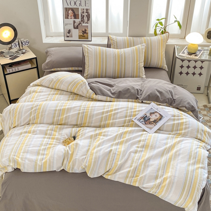 91家纺网 家纺一手货源 找家纺 恋人优选 2025新款条纹全棉纯棉水洗系列四件套 西蒙-黄