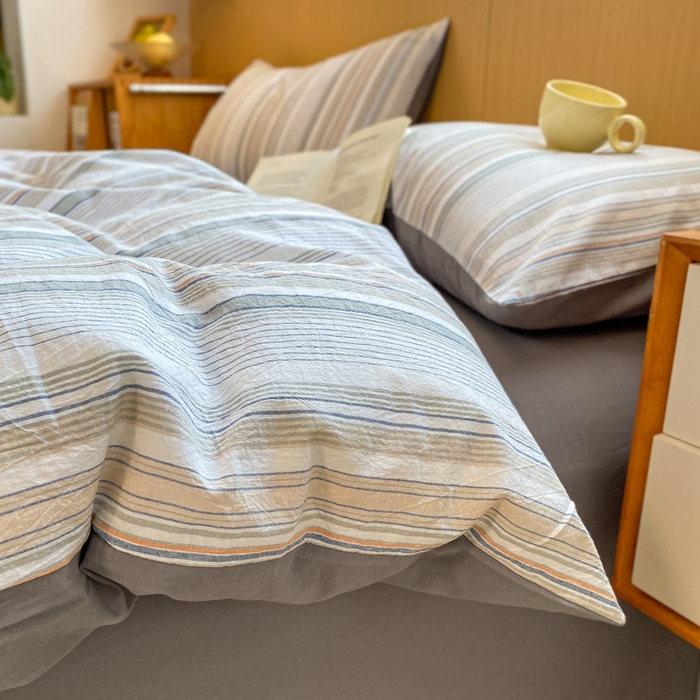 91家纺网 家纺一手货源 找家纺 恋人优选 2025新款条纹全棉纯棉水洗系列四件套 西蒙-灰