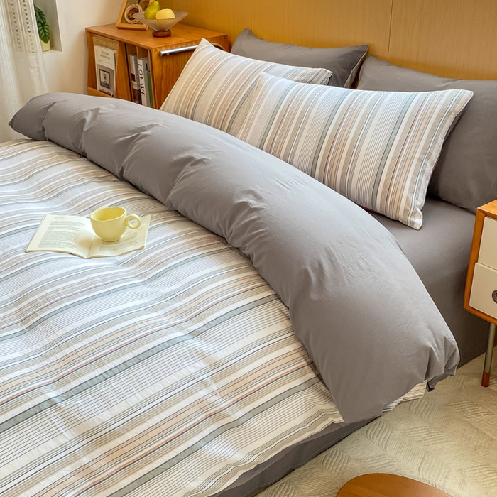 91家纺网 家纺一手货源 找家纺 恋人优选 2025新款条纹全棉纯棉水洗系列四件套 西蒙-灰