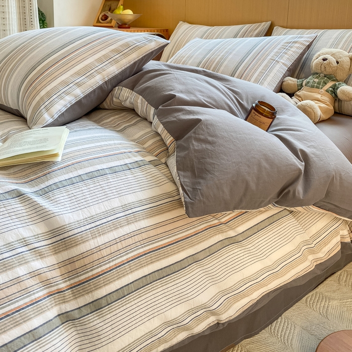 91家纺网 家纺一手货源 找家纺 恋人优选 2025新款条纹全棉纯棉水洗系列四件套 西蒙-灰