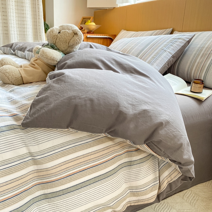 91家纺网 家纺一手货源 找家纺 恋人优选 2025新款条纹全棉纯棉水洗系列四件套 西蒙-灰