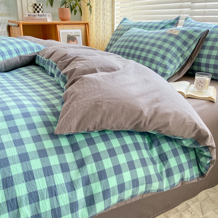 91家纺网 家纺一手货源 找家纺 恋人优选 2025新款A类全棉纯棉水洗棉系列(AB版)单被套 被套单件 蓝绿格(AB版)