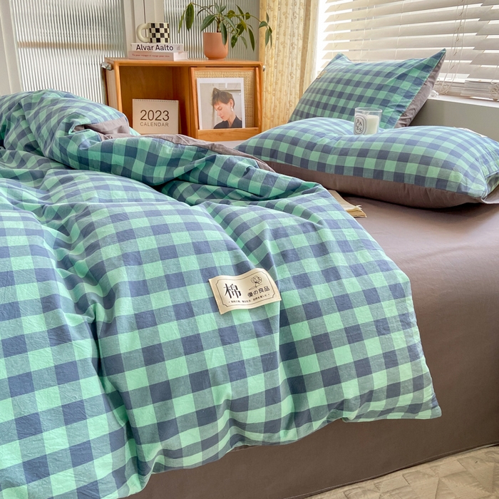 91家纺网 家纺一手货源 找家纺 恋人优选 2025新款A类全棉纯棉水洗棉系列(AB版)单被套 被套单件 蓝绿格(AB版)