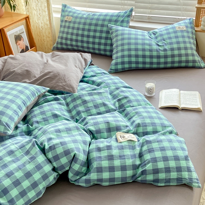 91家纺网 家纺一手货源 找家纺 恋人优选 2025新款A类全棉纯棉水洗棉系列(AB版)单被套 被套单件 蓝绿格(AB版)