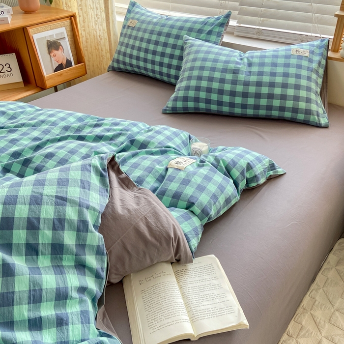91家纺网 家纺一手货源 找家纺 恋人优选 2025新款A类全棉纯棉水洗棉系列(AB版)单被套 被套单件 蓝绿格(AB版)