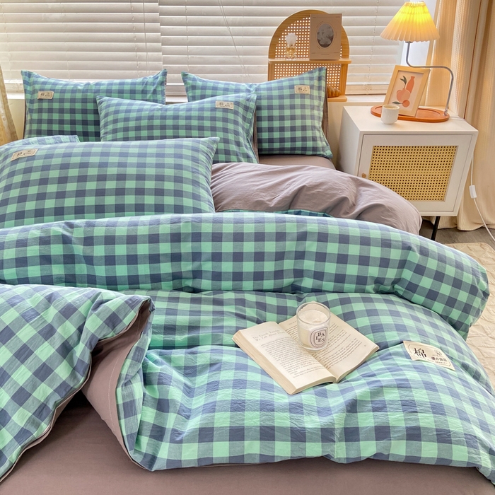 91家纺网 家纺一手货源 找家纺 恋人优选 2025新款A类全棉纯棉水洗棉系列(AB版)单被套 被套单件 蓝绿格(AB版)