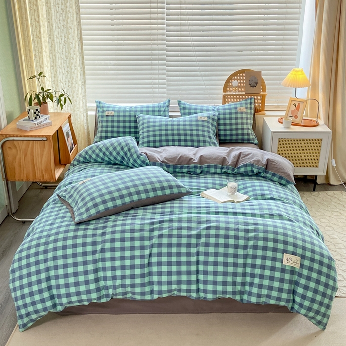 91家纺网 家纺一手货源 找家纺 恋人优选 2025新款A类全棉纯棉水洗棉系列(AB版)单被套 被套单件 蓝绿格(AB版)