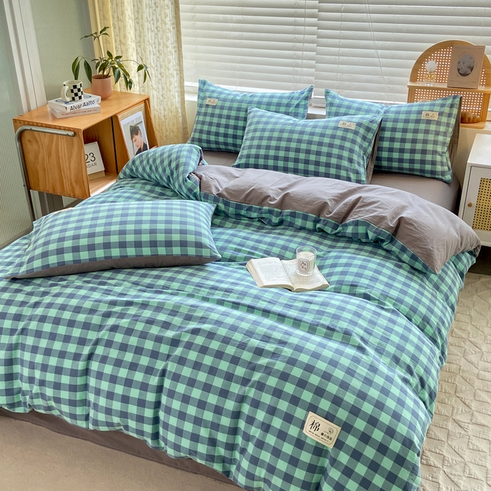 91家纺网 家纺一手货源 找家纺 恋人优选 2025新款A类全棉纯棉水洗棉系列(AB版)单被套 被套单件 蓝绿格(AB版)