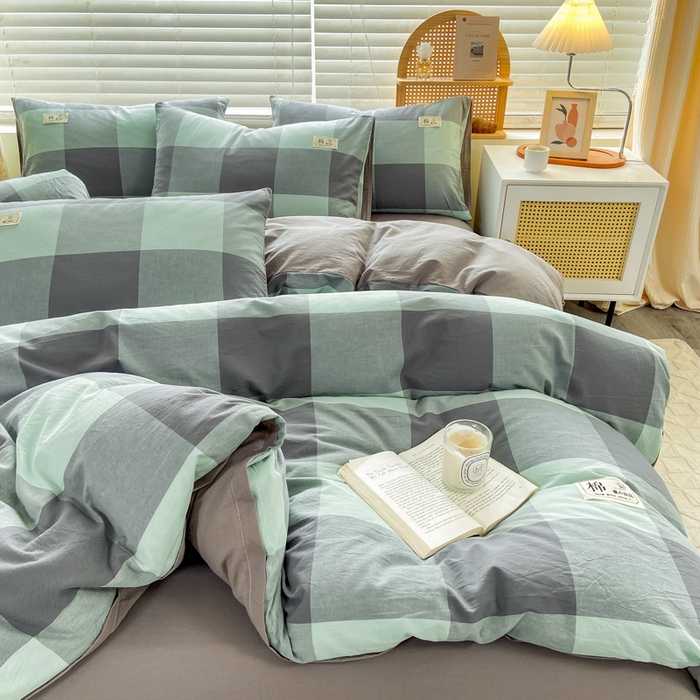 91家纺网 家纺一手货源 找家纺 恋人优选 2025新款A类全棉纯棉水洗棉系列(AB版)单被套 被套单件 绿灰大格(AB版)