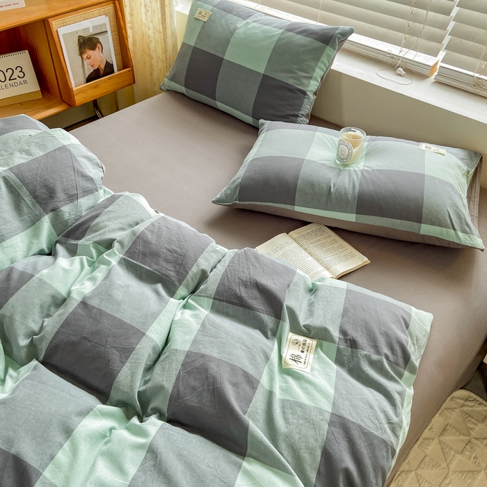 91家纺网 家纺一手货源 找家纺 恋人优选 2025新款A类全棉纯棉水洗棉系列(AB版)单被套 被套单件 绿灰大格(AB版)