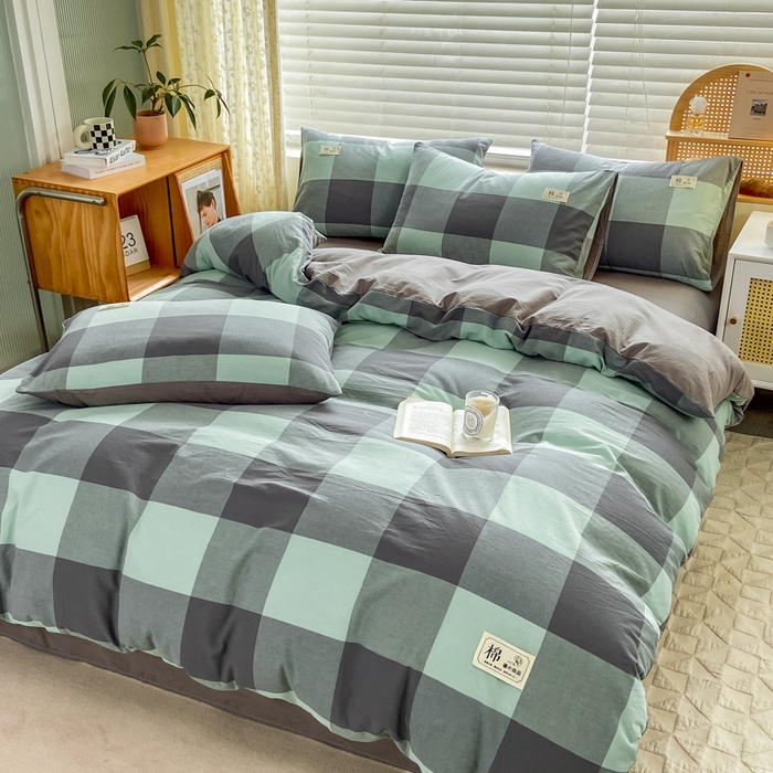 91家纺网 家纺一手货源 找家纺 恋人优选 2025新款A类全棉纯棉水洗棉系列(AB版)单被套 被套单件 绿灰大格(AB版)