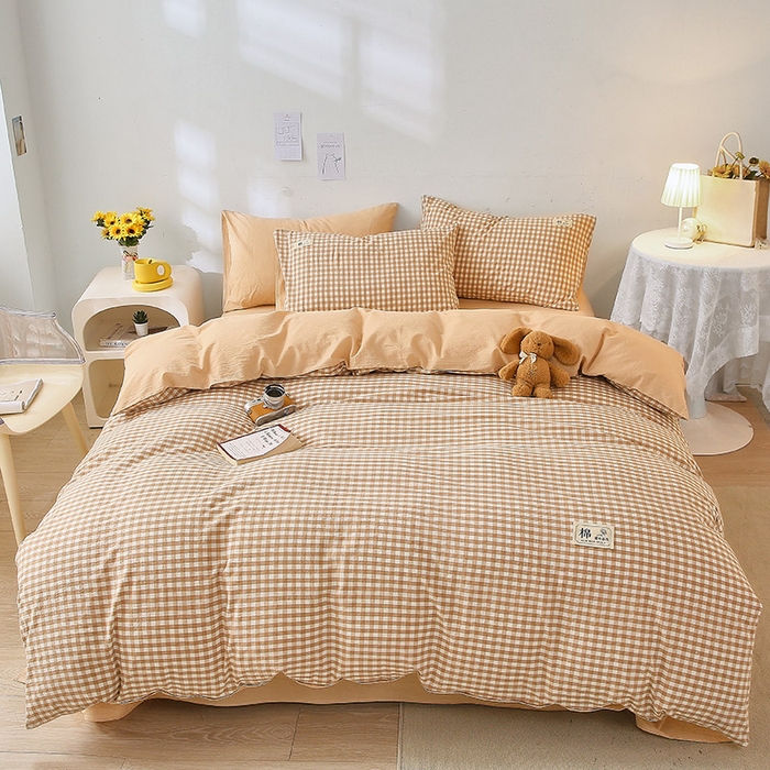 91家纺网 家纺一手货源 找家纺 恋人优选 2025新款A类全棉纯棉水洗棉系列(AB版)单被套 被套单件 米小格+米色(AB版)