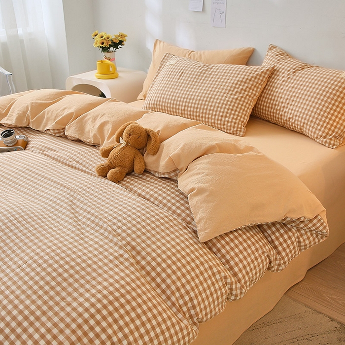 91家纺网 家纺一手货源 找家纺 恋人优选 2025新款A类全棉纯棉水洗棉系列(AB版)单被套 被套单件 米小格+米色(AB版)