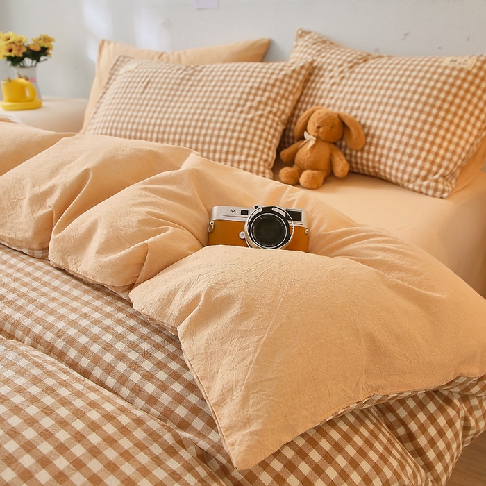 91家纺网 家纺一手货源 找家纺 恋人优选 2025新款A类全棉纯棉水洗棉系列(AB版)单被套 被套单件 米小格+米色(AB版)