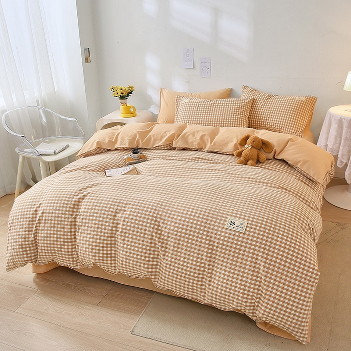 91家纺网 家纺一手货源 找家纺 恋人优选 2025新款A类全棉纯棉水洗棉系列(AB版)单被套 被套单件 米小格+米色(AB版)