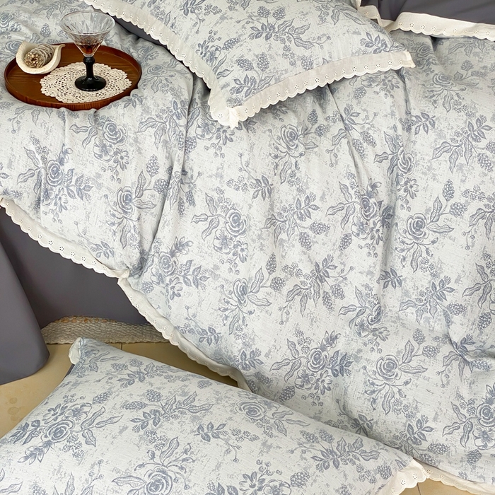 91家纺网 家纺一手货源 找家纺 梦享生活家居2025新款色织全棉双层纱提花四件套 洛莉灰