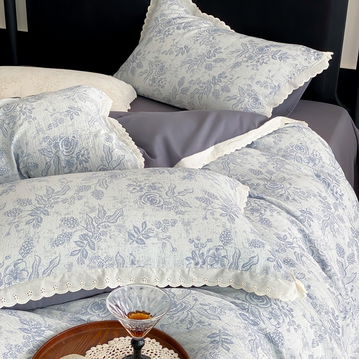 91家纺网 家纺一手货源 找家纺 梦享生活家居2025新款色织全棉双层纱提花四件套 洛莉灰