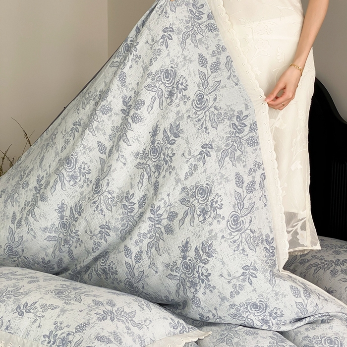 91家纺网 家纺一手货源 找家纺 梦享生活家居2025新款色织全棉双层纱提花四件套 洛莉灰