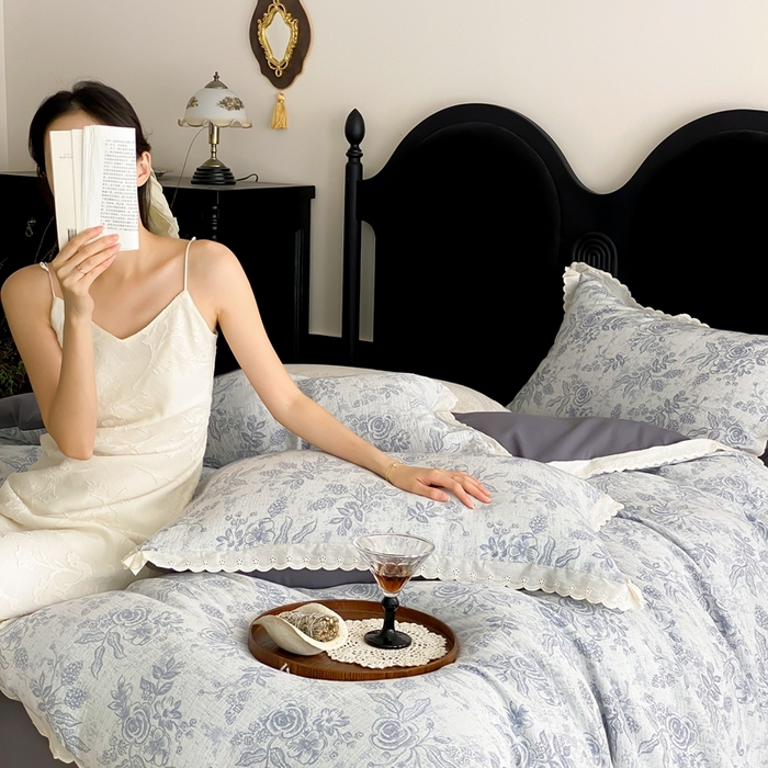 91家纺网 家纺一手货源 找家纺 梦享生活家居2025新款色织全棉双层纱提花四件套 洛莉灰