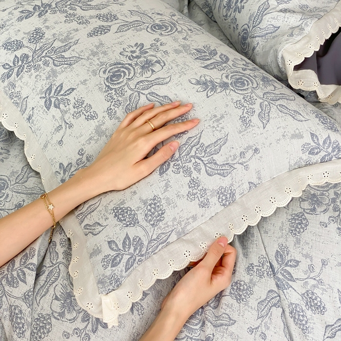 91家纺网 家纺一手货源 找家纺 梦享生活家居2025新款色织全棉双层纱提花四件套 洛莉灰