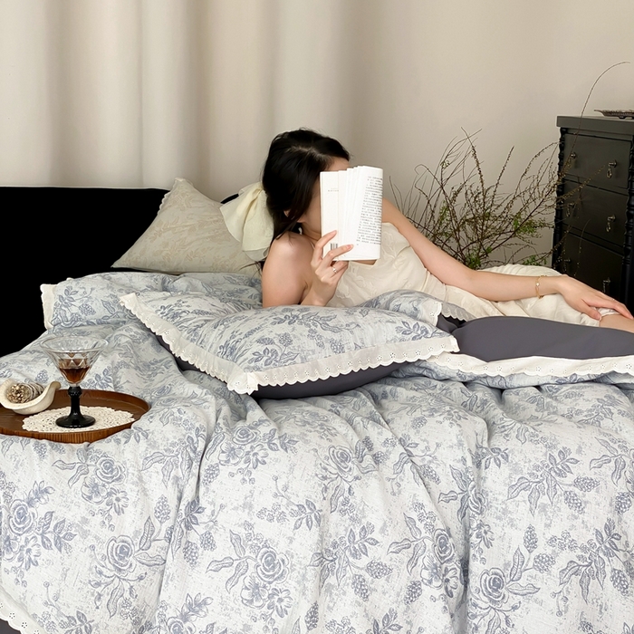 91家纺网 家纺一手货源 找家纺 梦享生活家居2025新款色织全棉双层纱提花四件套 洛莉灰