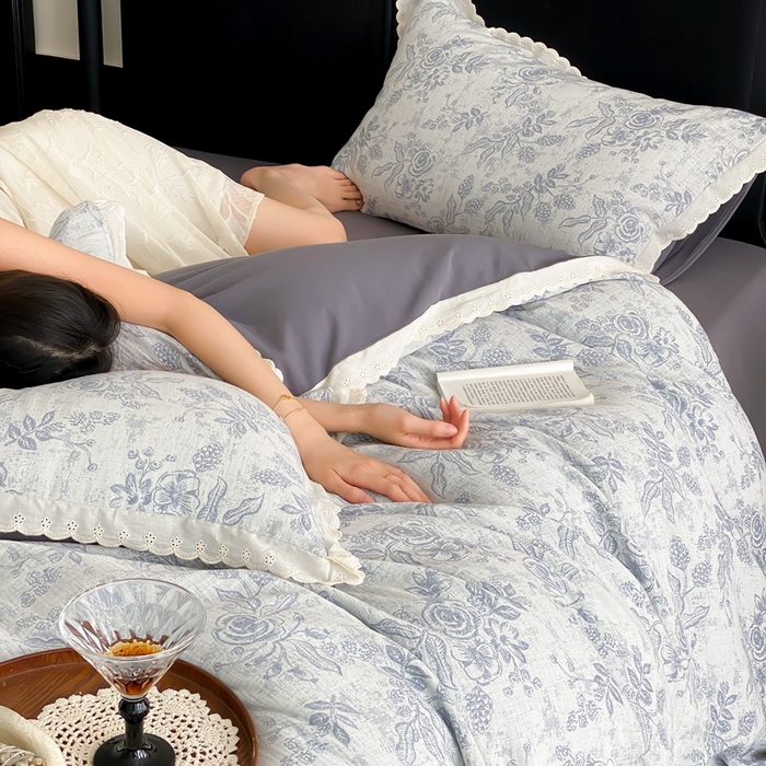 91家纺网 家纺一手货源 找家纺 梦享生活家居2025新款色织全棉双层纱提花四件套 洛莉灰