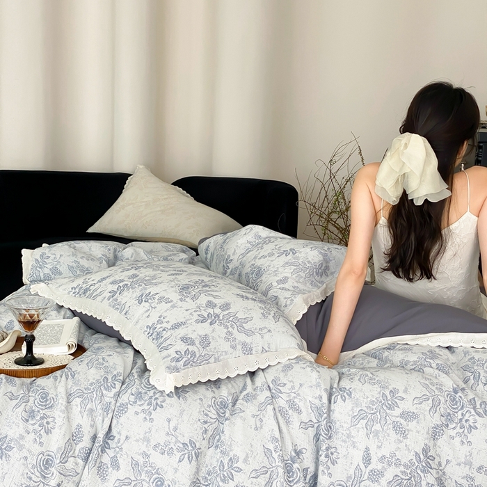 91家纺网 家纺一手货源 找家纺 梦享生活家居2025新款色织全棉双层纱提花四件套 洛莉灰