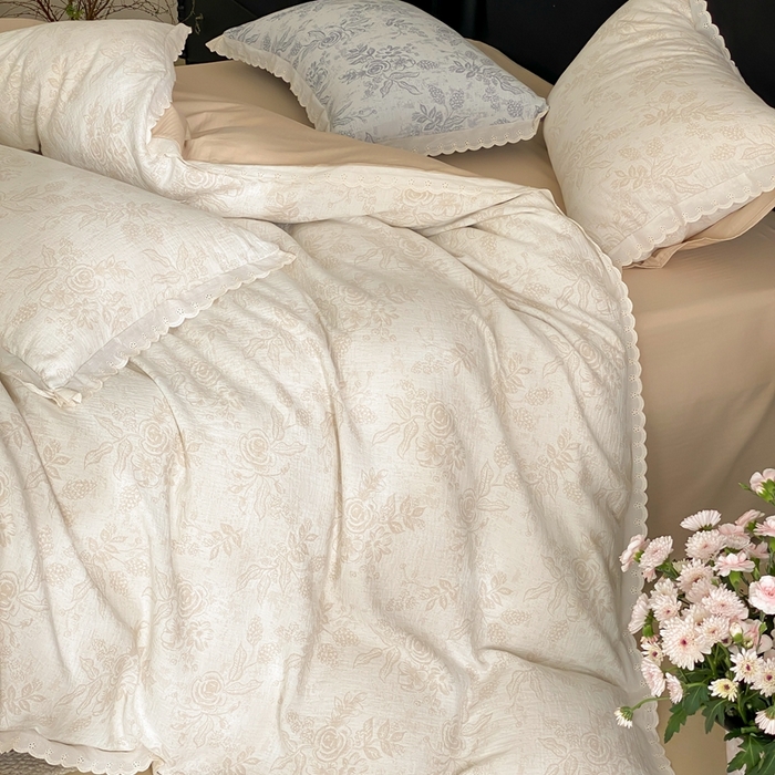 91家纺网 家纺一手货源 找家纺 梦享生活家居2025新款色织全棉双层纱提花四件套 洛莉米