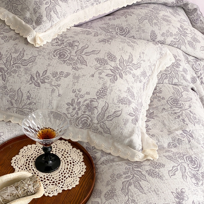 91家纺网 家纺一手货源 找家纺 梦享生活家居2025新款色织全棉双层纱提花四件套 洛莉紫