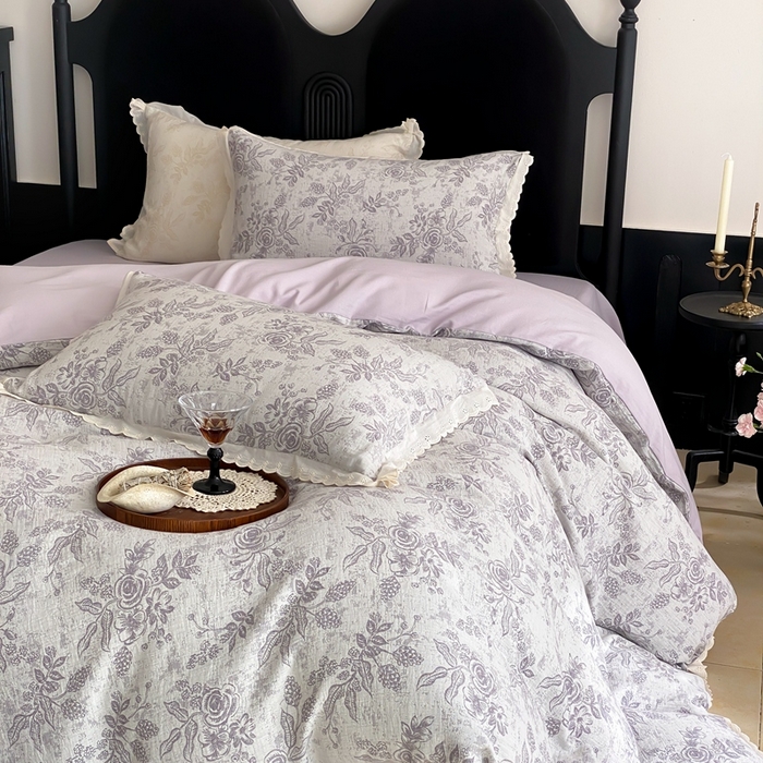 91家纺网 家纺一手货源 找家纺 梦享生活家居2025新款色织全棉双层纱提花四件套 洛莉紫