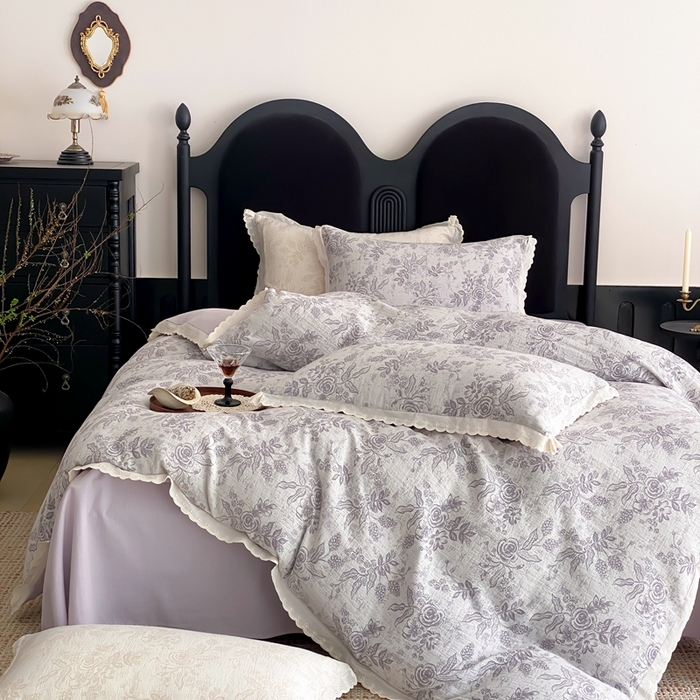 91家纺网 家纺一手货源 找家纺 梦享生活家居2025新款色织全棉双层纱提花四件套 洛莉紫