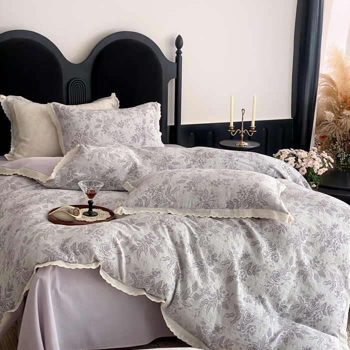 91家纺网 家纺一手货源 找家纺 梦享生活家居2025新款色织全棉双层纱提花四件套 洛莉紫