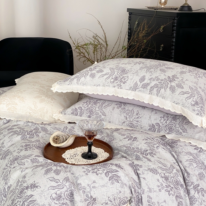 91家纺网 家纺一手货源 找家纺 梦享生活家居2025新款色织全棉双层纱提花四件套 洛莉紫